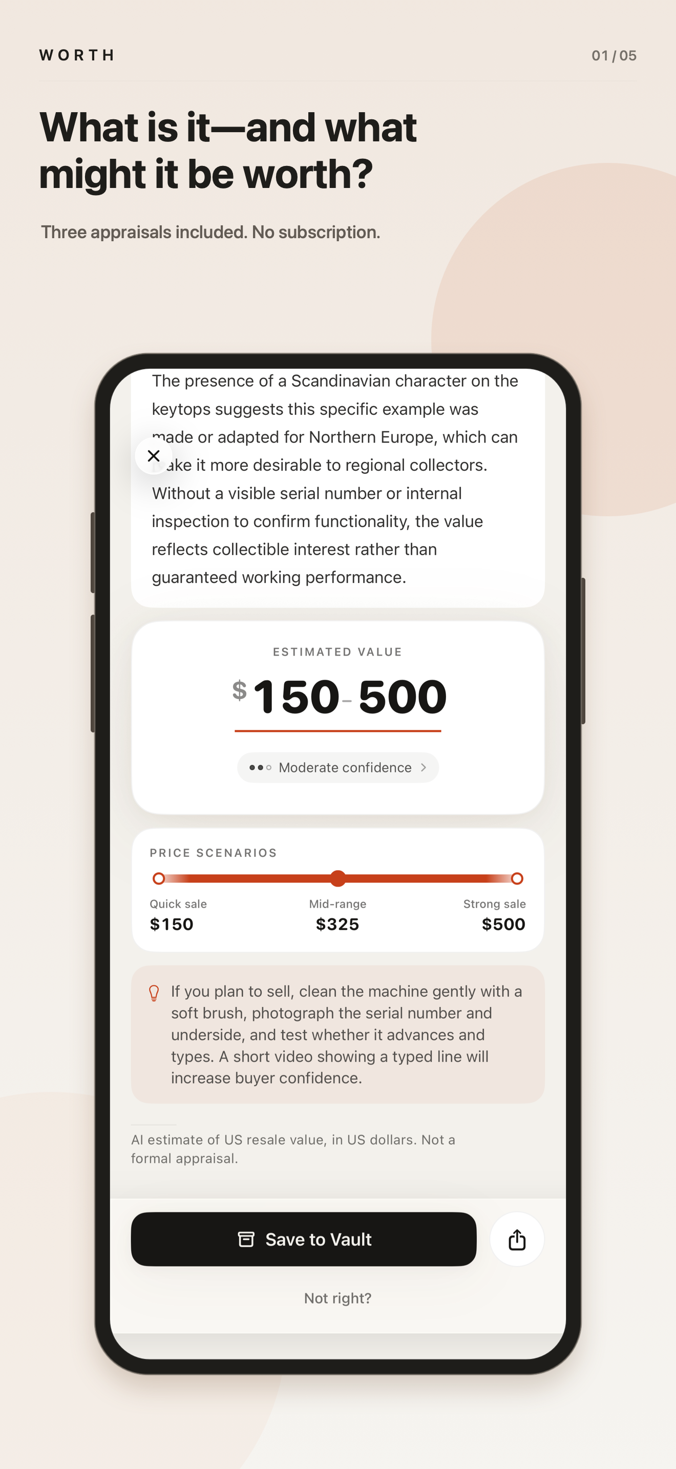Worth shows an estimated resale range, confidence level, and price scenarios